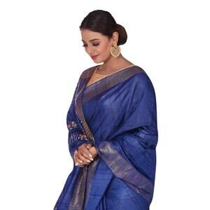 Indigo Blue Tussar Silk Saree sari party wear For Women With Floral Embroidery